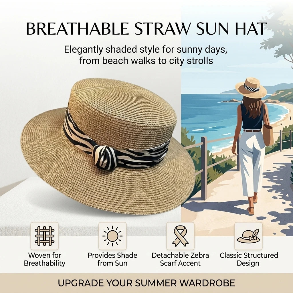 Women's Flat Top Panama Hat Summer French Retro Zebra-Print Straw Sun Hat Outdoor Resort Wide Brim Sun Protections Hat Peaceful Pleasures Health and Wellness