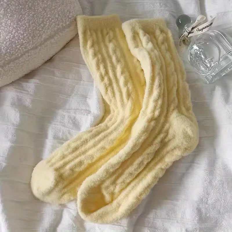 New Soft and Fluffy Fluffy Socks Autumn Winter Thicken and Thickened Macaron Color Mid Calf Sock for Cold Protection Solid Color Peaceful Pleasures Health and Wellness 1pair-yellow One Size