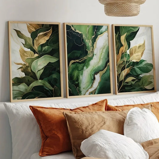 2D Flat 3pcs Green Abstract Painting Prints Art Decor, Green Art Wall Art Abstract Deco Prints Nature Decor Plant Prints Unframe Peaceful Pleasures Health and Wellness