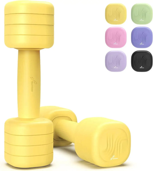 Yellow dumbbells with color swatches of other options on a white background
