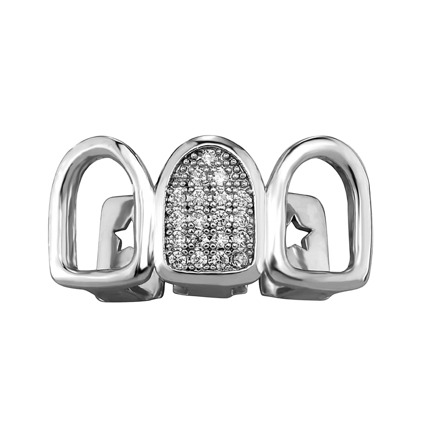 Rhinestone Teeth Cover Gold Plated Hollow Out Three Row Grillz With Zirconia Teeth Cover For Halloween Party Stage Performance Peaceful Pleasures Health and Wellness Silver