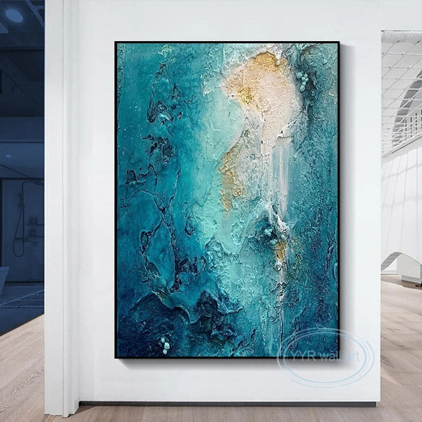 Custom Blue Abstract Wall Art Canvas Posters, Large Texture Mural, Handmade Oil Painting, Living Room, Bedroom, Porch, Home Deco Peaceful Pleasures Health and Wellness