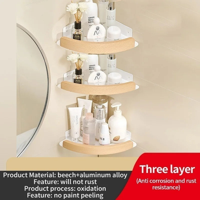Wood & Aluminum Corner Shower Shelf | Bathroom Wall Organizer