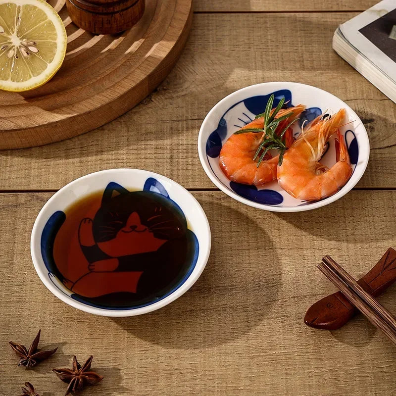 Japanese Style Cat Dish Cartoon Ceramic Dish Household Dining Table Dipping Dish Soy Sauce Dish Small Dish Seasoning Dish Peaceful Pleasures Health and Wellness