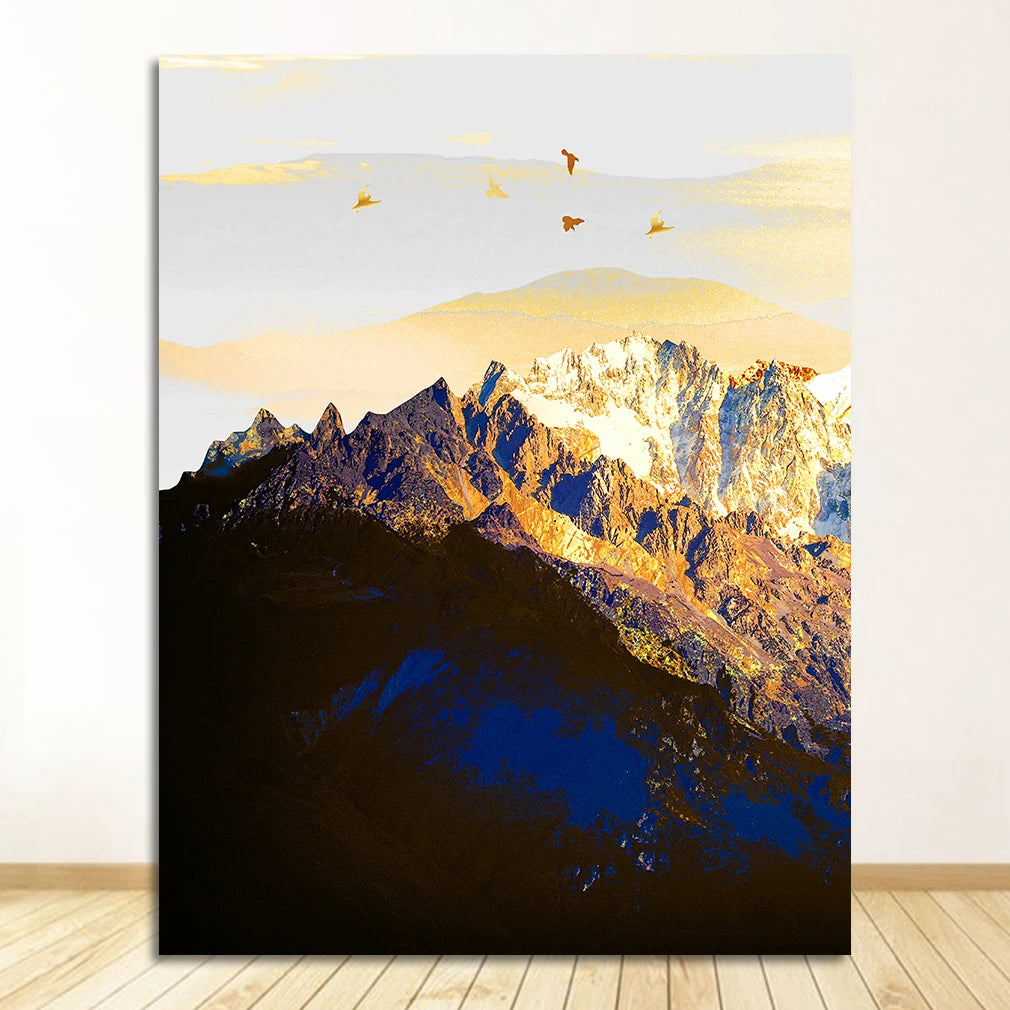 Landscape Map Canvas Painting Art Print Poster Picture Wall Nordic Decorative Home Decor Golden Abstract Snow Mountain Peaceful Pleasures Health and Wellness 1456-01 40x50cm Unframed