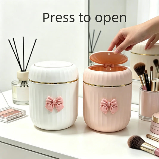 Mini Desktop Trash Can with Lid & Bow Decor | Press-Open Bin Desktop Trash Can Peaceful Pleasures Health and Wellness