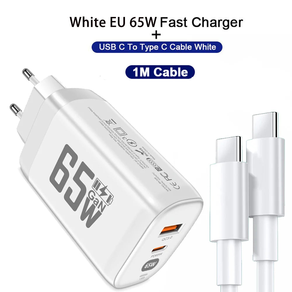 GaN 65W Fast Charger 2-Port PD QC3.0 USB Type C Wall Charger EU Plug Adapter for Laptop iPhone 15 Samsung Xiaomi Peaceful Pleasures Health and Wellness White EU 1M Cable