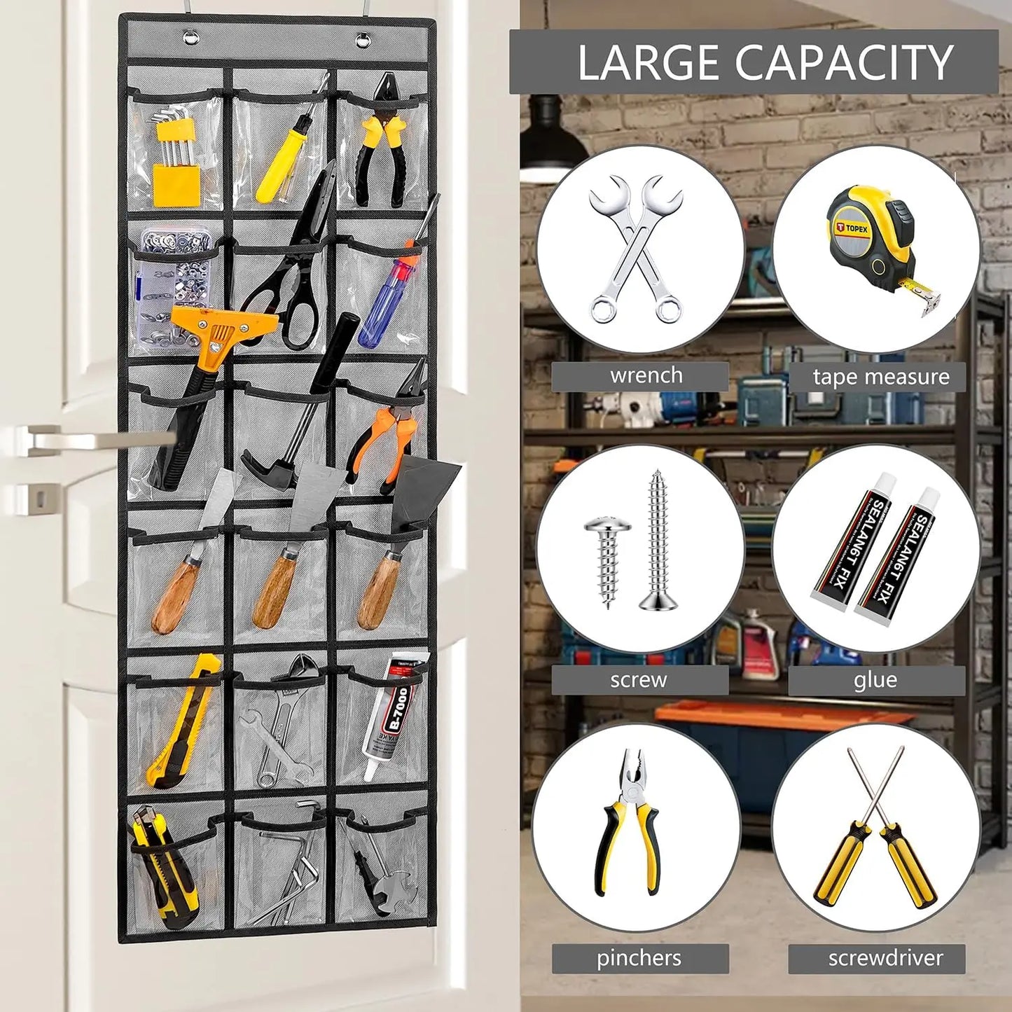 Tool organizer hanging on a door with various tools displayed, including wrenches, tape measures, screws, glue, pliers, and screwdrivers.