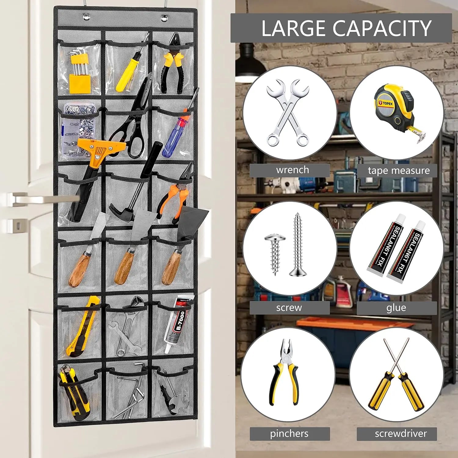 Tool organizer hanging on a door with various tools displayed, including wrenches, tape measures, screws, glue, pliers, and screwdrivers.
