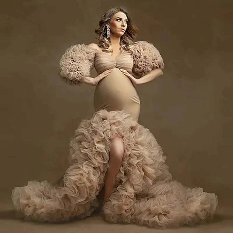Deep V-Neck Lace Feather Maternity Gown | Photo Shoot Dress Maternity Photography Dress Peaceful Pleasures Health and Wellness khaki XXL China Mainland