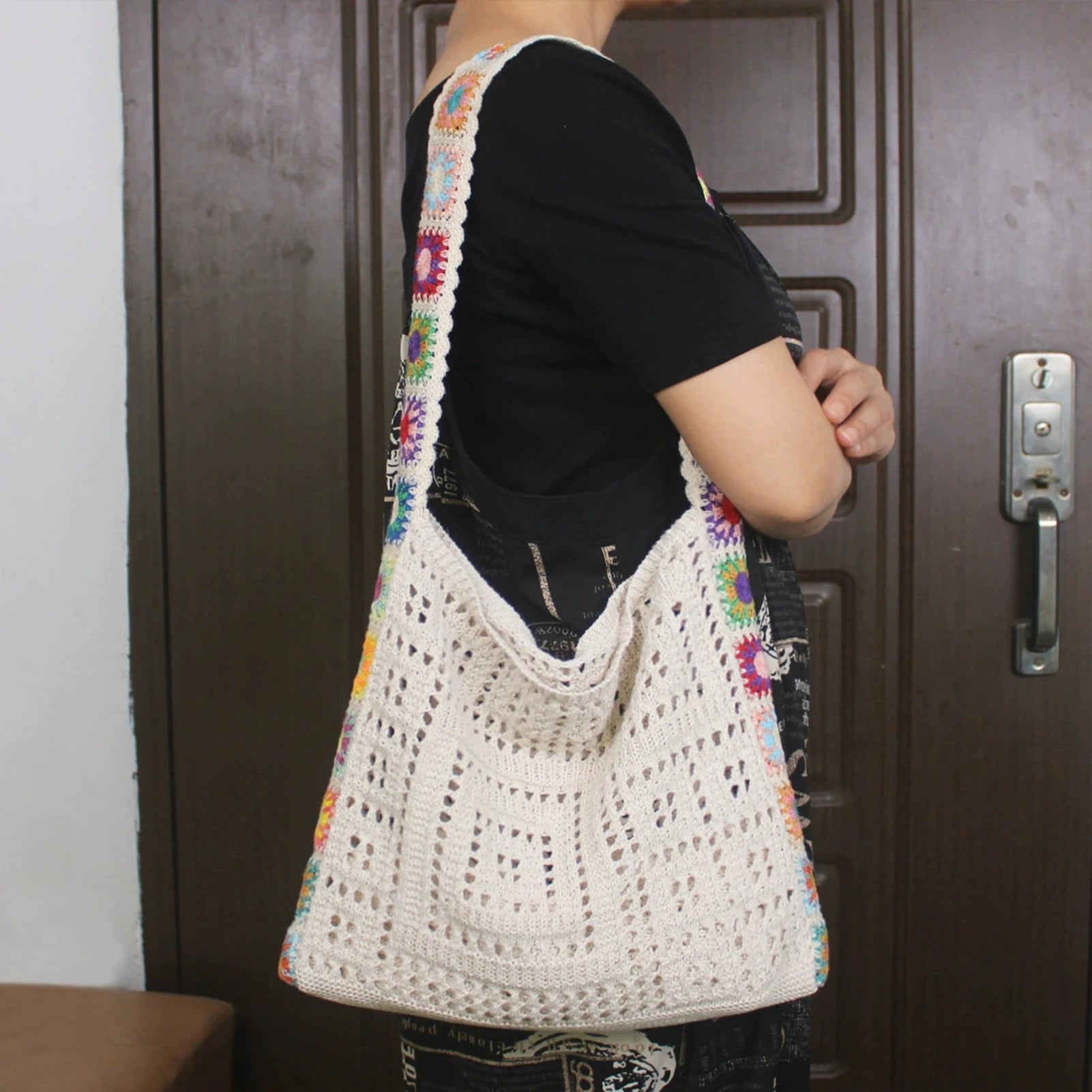 Boho Knitted Shoulder Tote Bag Travel Crossbody Bag Summer Vacation Beach Handbags for Holiday Vacation Camping Picnic Peaceful Pleasures Health and Wellness