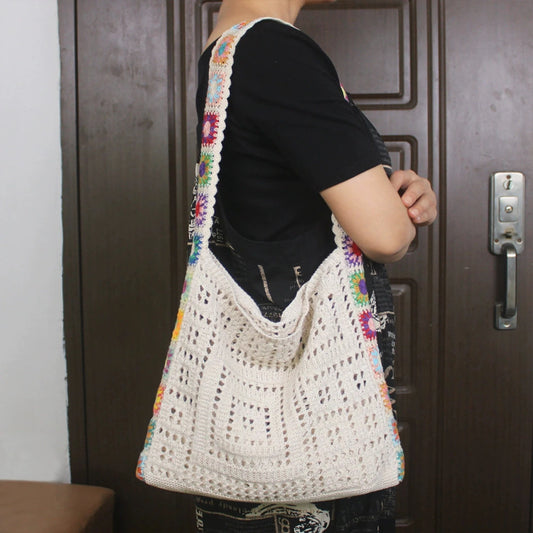 Boho Knitted Shoulder Tote Bag Travel Crossbody Bag Summer Vacation Beach Handbags for Holiday Vacation Camping Picnic Peaceful Pleasures Health and Wellness