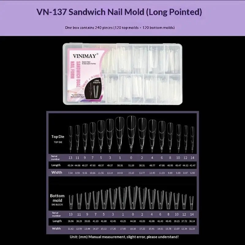240 Pcs Sandwich Dual Nail Forms 15 Size Extensions-Dual Forms Top Bottom Mold Long Coffin Almond Nail Art Forms Manicure Tool Peaceful Pleasures Health and Wellness VN137