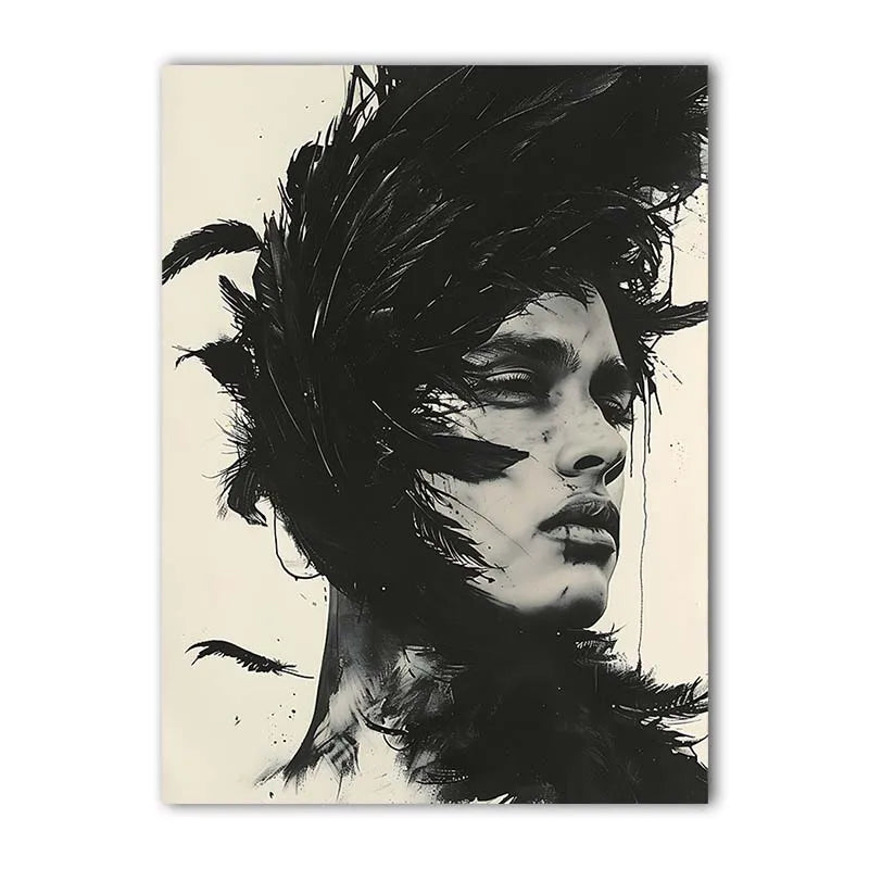 Black & White Feathers Man Canvas Wall Art | Modern Abstract Canvas Wall Art Peaceful Pleasures Health and Wellness 05 15x20cm No Frame China Mainland