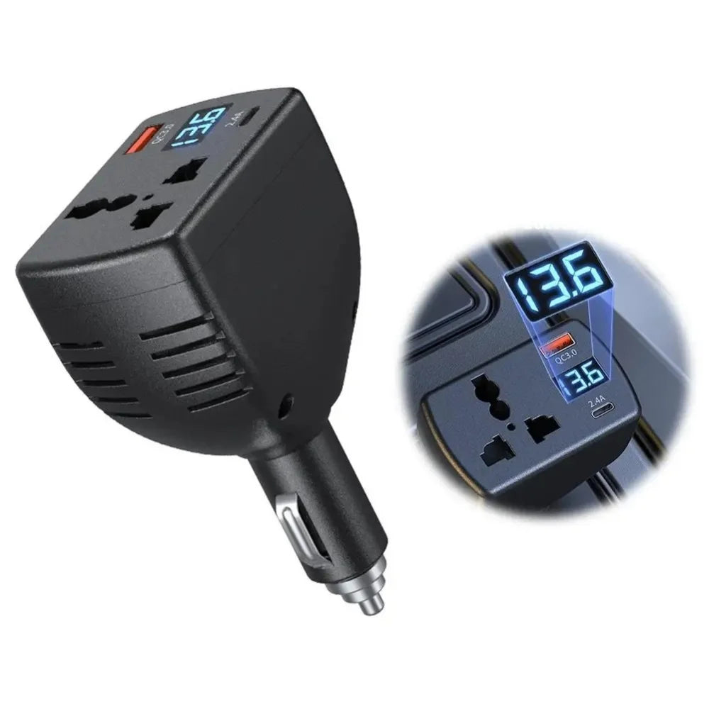 150W Car Power Inverter DC 12V to AC 220V Adapter with QC3.0 USB-C Charger Digital Display 3-in-1 Multi-Port Car Charger Peaceful Pleasures Health and Wellness 1 PCS Black