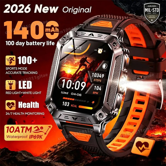 2026 New Outdoors Smart Watch Men Sport 1400mAh Battery LED Flashlight 5ATM Waterproof Bluetooth Call Military Smartwatches HW12 Peaceful Pleasures Health and Wellness
