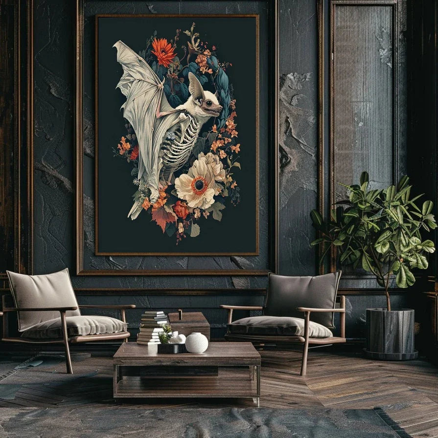 Horrible Floral Skeleton Animal Poster Gothic Bat Owl Rabbit Fox Canvas Painting Occult Wall Art Dark Academia Room Home Decor Peaceful Pleasures Health and Wellness
