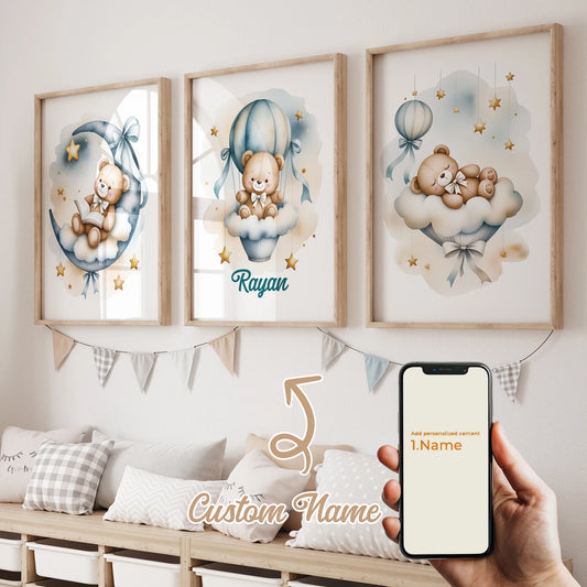 Personalized Blue Bear 3-Piece Canvas Wall Art | Kids Room Decor Canvas Wall Art Set Peaceful Pleasures Health and Wellness GA-CH170-3pcs 60x80cm Unframed