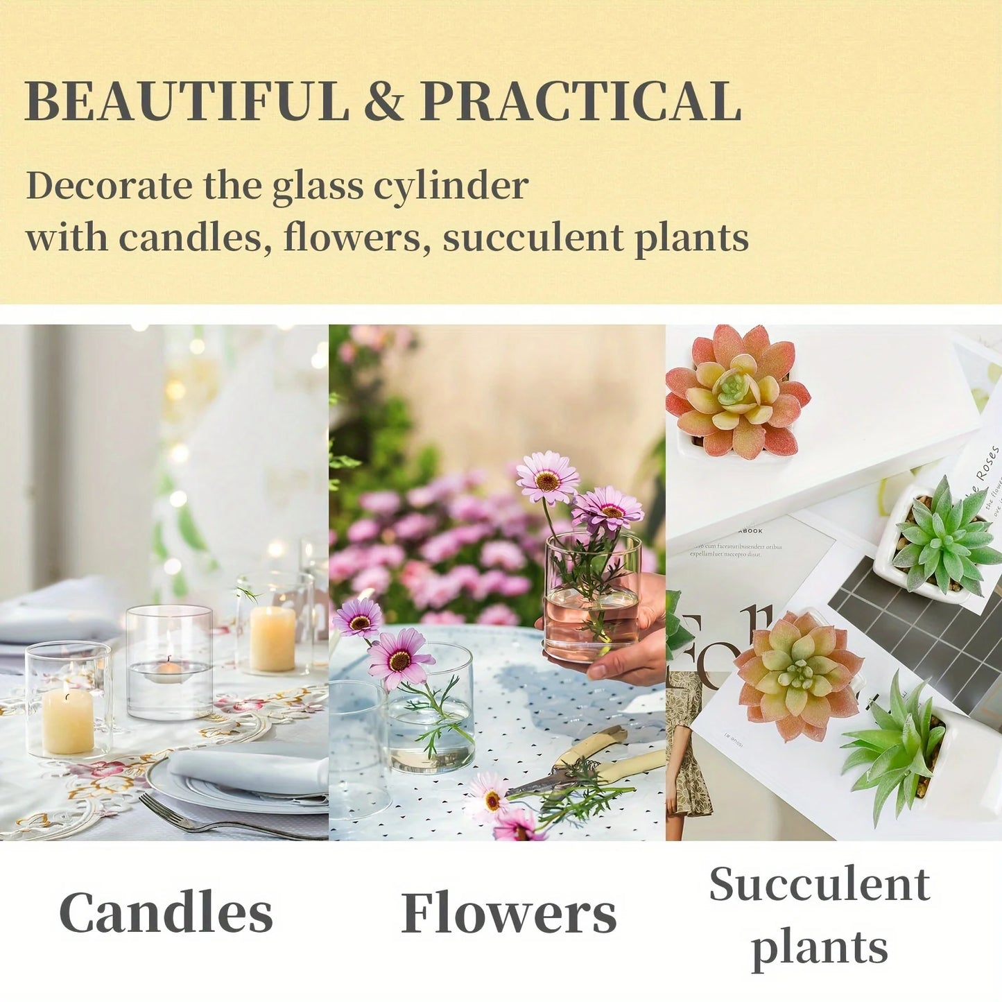 Clear Acrylic Cylinder Vases & Candle Holders – 3pc Set for Floating Candles, Wedding & Home Decor Centerpieces