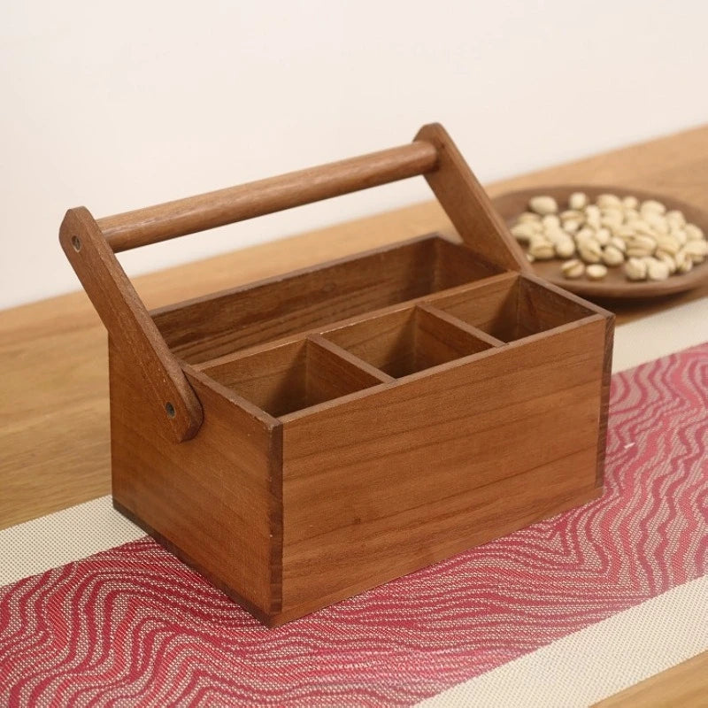 Rustic Wooden Cutlery Storage Basket with Handles for Kitchen Countertop Organizing Bowls Chopsticks Utensils Home Dining Peaceful Pleasures Health and Wellness