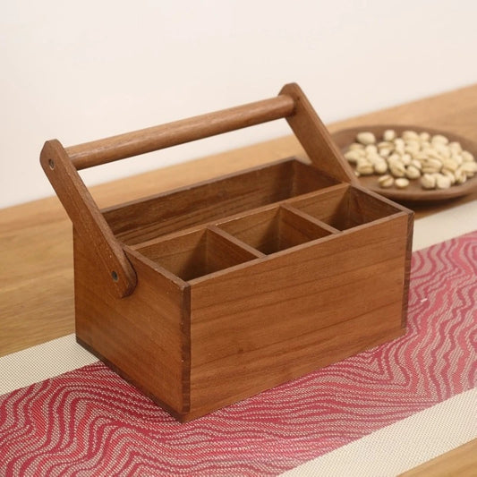 Rustic Wooden Cutlery Storage Basket with Handles for Kitchen Countertop Organizing Bowls Chopsticks Utensils Home Dining Peaceful Pleasures Health and Wellness