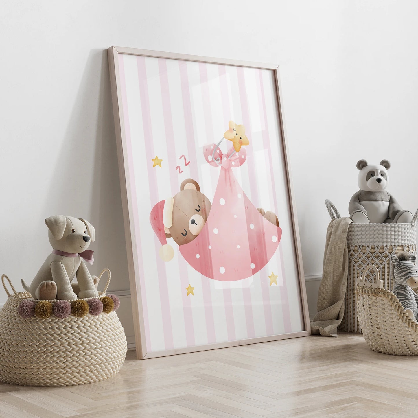 3-Piece Pink Teddy Bear Hot Air Balloon Kids Canvas Wall Art