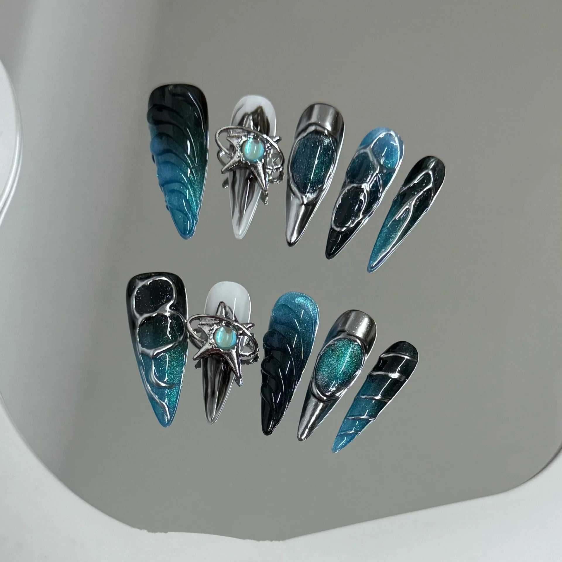 10pcs Handmade Press on Nails Gothic Punk Metal Silver Irregular Lines Fake Nail Tips Wearable Dark Blue Spice Girl False Nails Peaceful Pleasures Health and Wellness