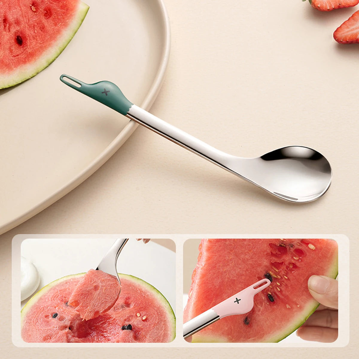 1Pcs Cartoon Stainless Steel Dual-purpose Watermelon Spoon Duck Shape Seed Remover Dessert Spoon Grip Grade Coffee Spoon Peaceful Pleasures Health and Wellness Green