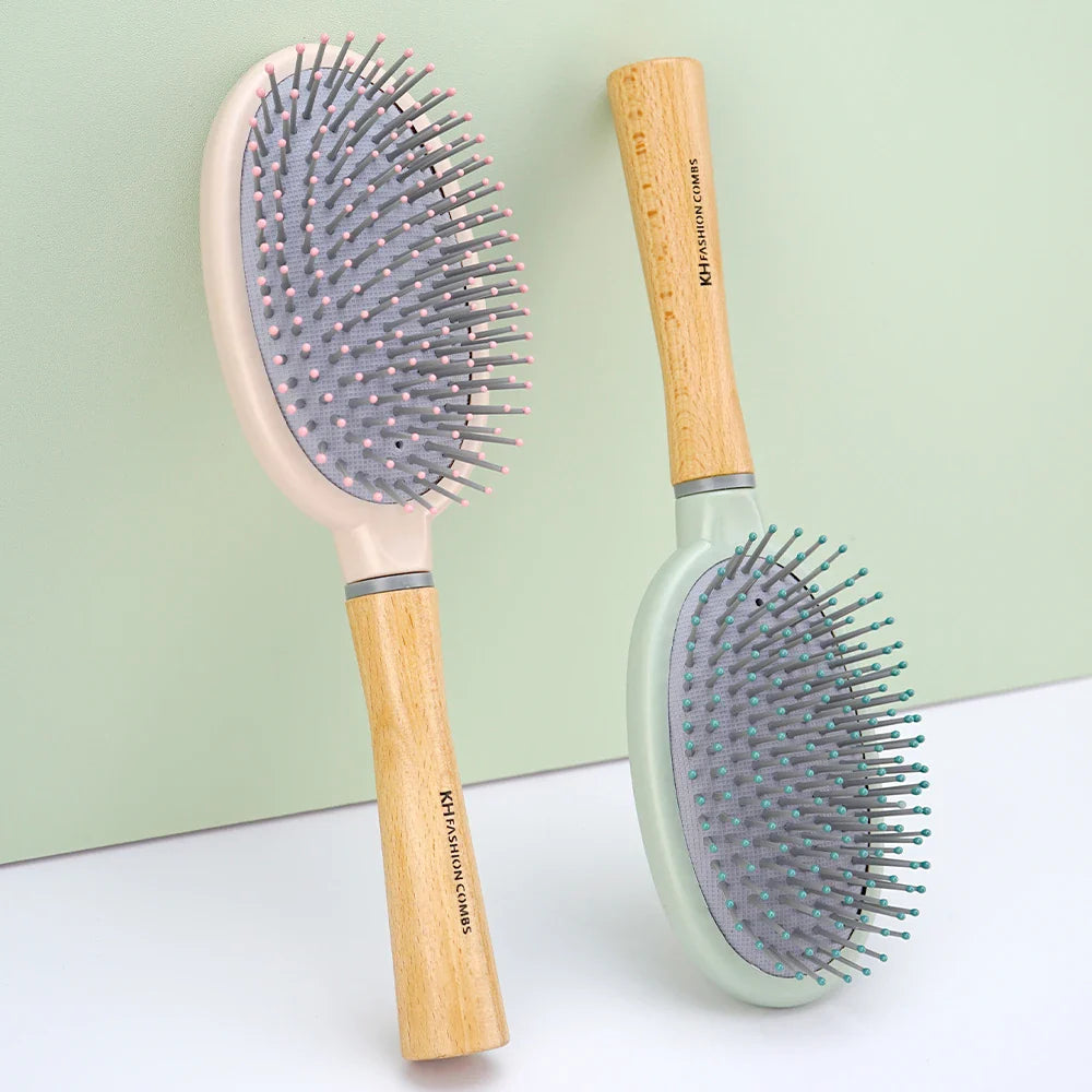 Natural Wood Air Cushion Hair Brush – Soft Nylon Detangling