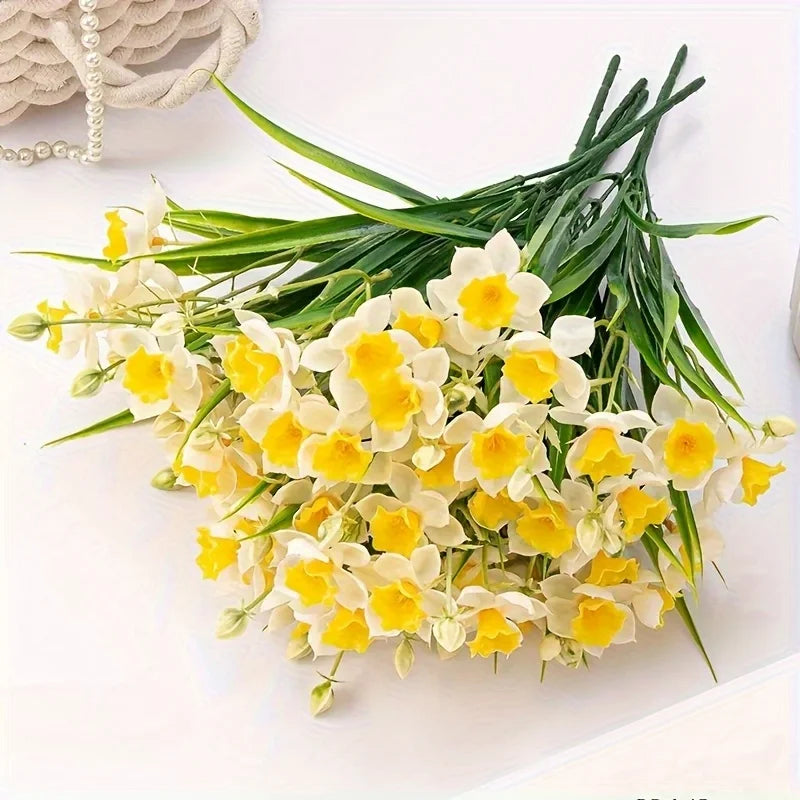 White Yellow Faux Daffodil Bouquet – Artificial Narcissus Flowers