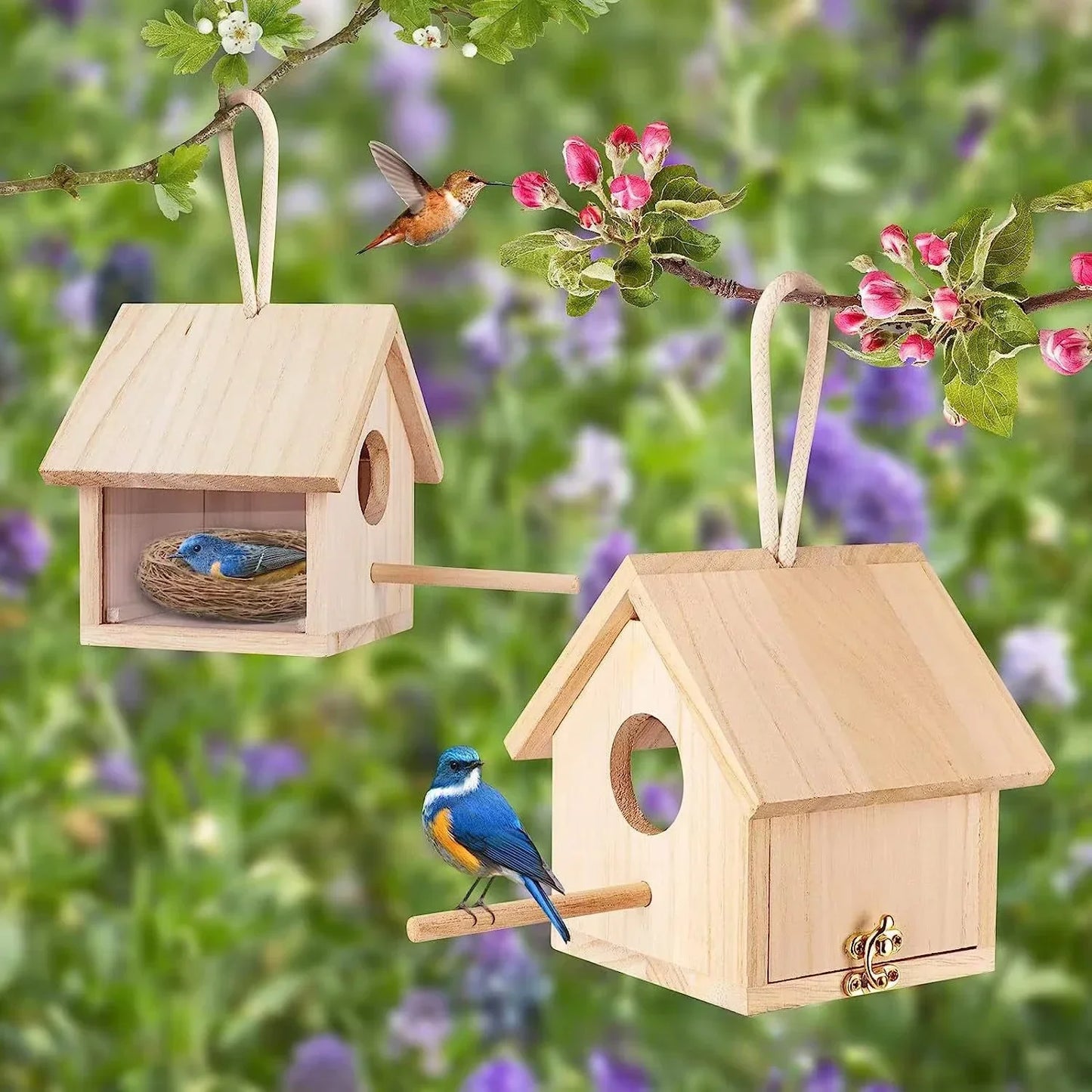 Wooden Birdhouse with Pole | Outdoor Hanging Bird House