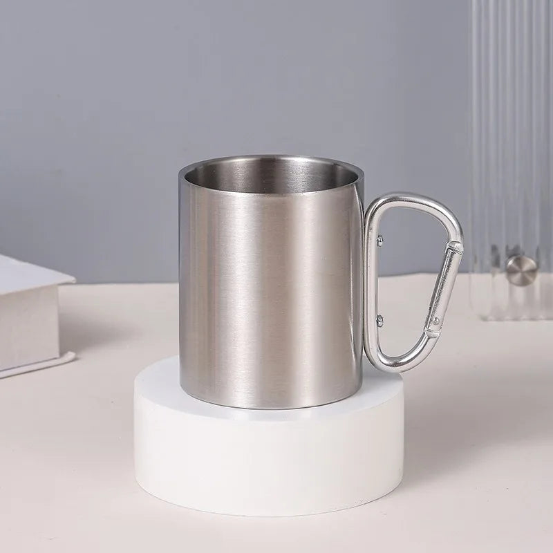 Hot 300ml Camping Travel 201 Stainless Steel Cup Carabiner Hook Handle Picnic Water Mug Outdoor Travel Hike Cup Portable Mug Peaceful Pleasures Health and Wellness
