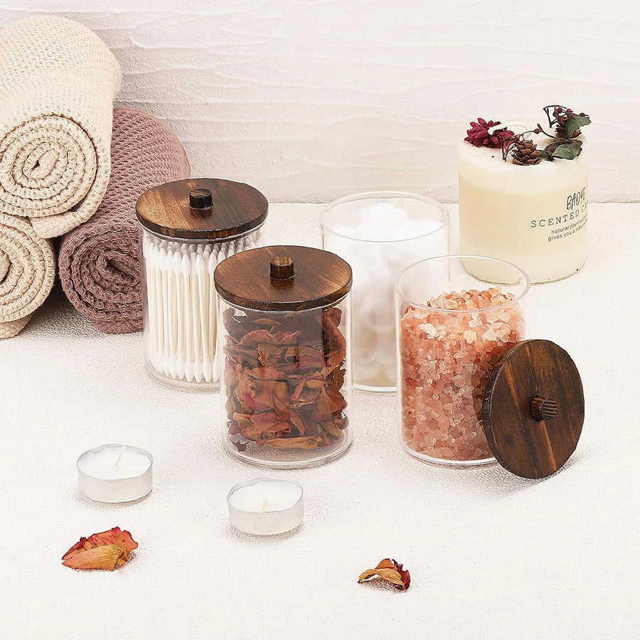Qtip Holder & Apothecary Jars – Clear Plastic Bathroom Storage Containers (1/2/3/4 Pack)