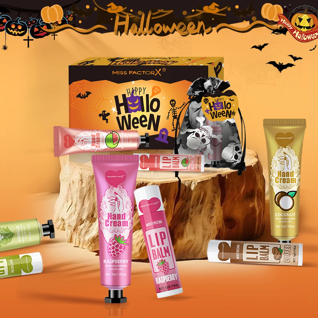 12 Halloween gift sets/box, lip balm set, hand cream set, Easter, skull mesh bag and pumpkin card, Trick or treat Peaceful Pleasures Health and Wellness