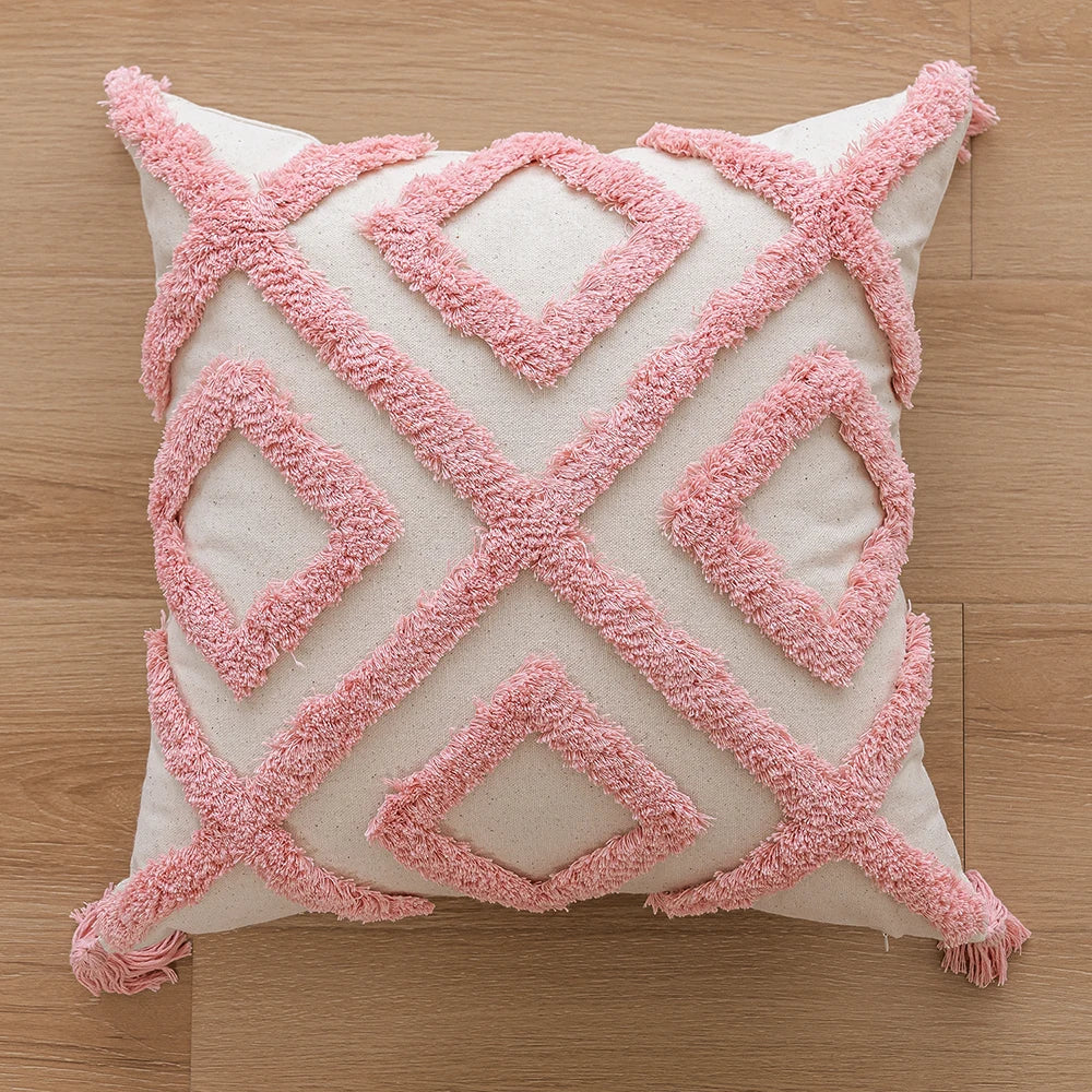 Woven Tufted Decorative Pillow Cover with Tassel Pink Boho Linen Cotton Pillowcase for Bed Living Room Sofa Cushion Home Decor Peaceful Pleasures Health and Wellness Geometry 45x45cm