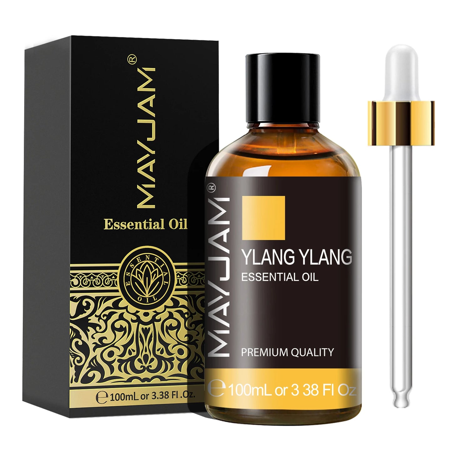 MayJam Ylang Ylang essential oil bottle with dropper and packaging on a white background