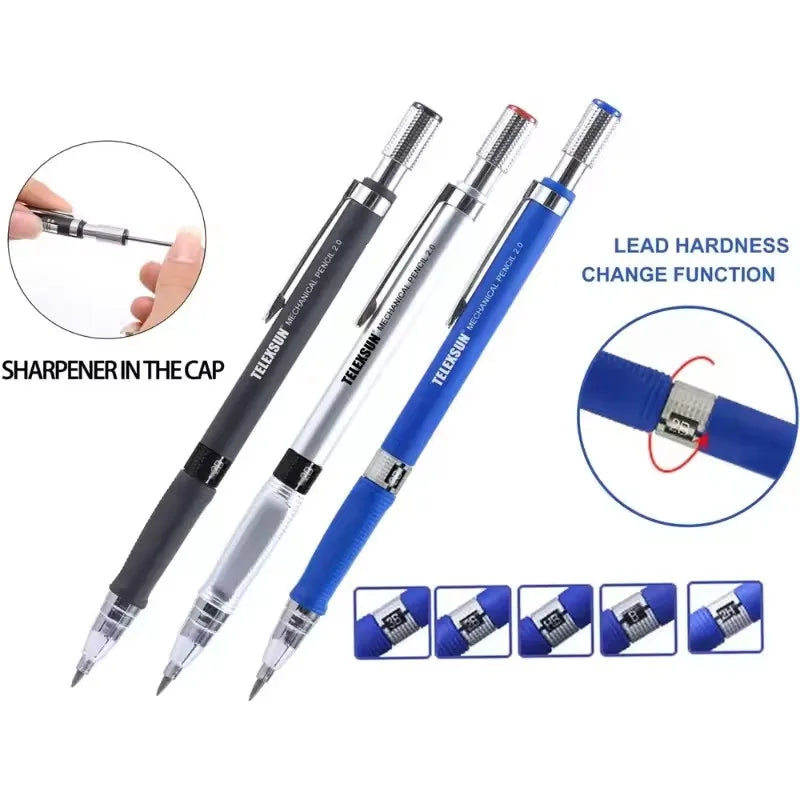 Mechanical Pencil Set 2.0 mm with 2B Black/Colors Lead Refill For Writing Sketching Art Drawing Painting School Automatic Pencil Peaceful Pleasures Health and Wellness