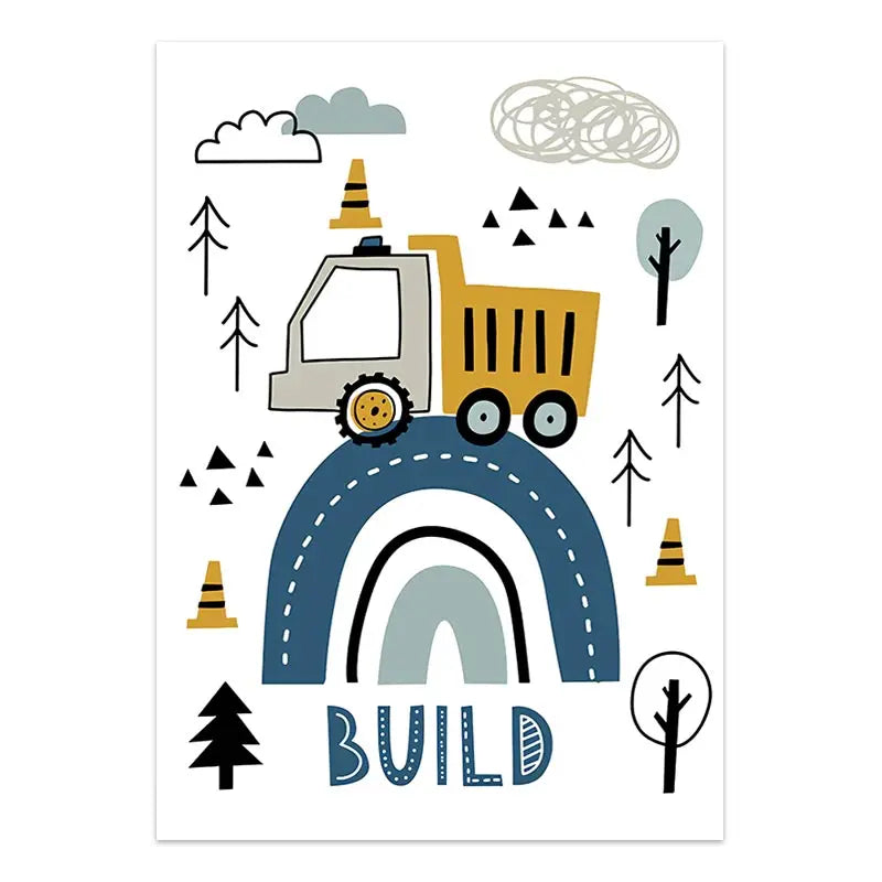Cartoon Construction Vehicles Canvas Wall Art | Boys Nursery