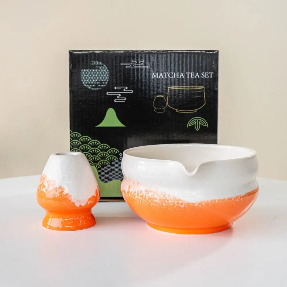 Ceramic Matcha Bowl with Pouring Spout & Whisk Holder Set