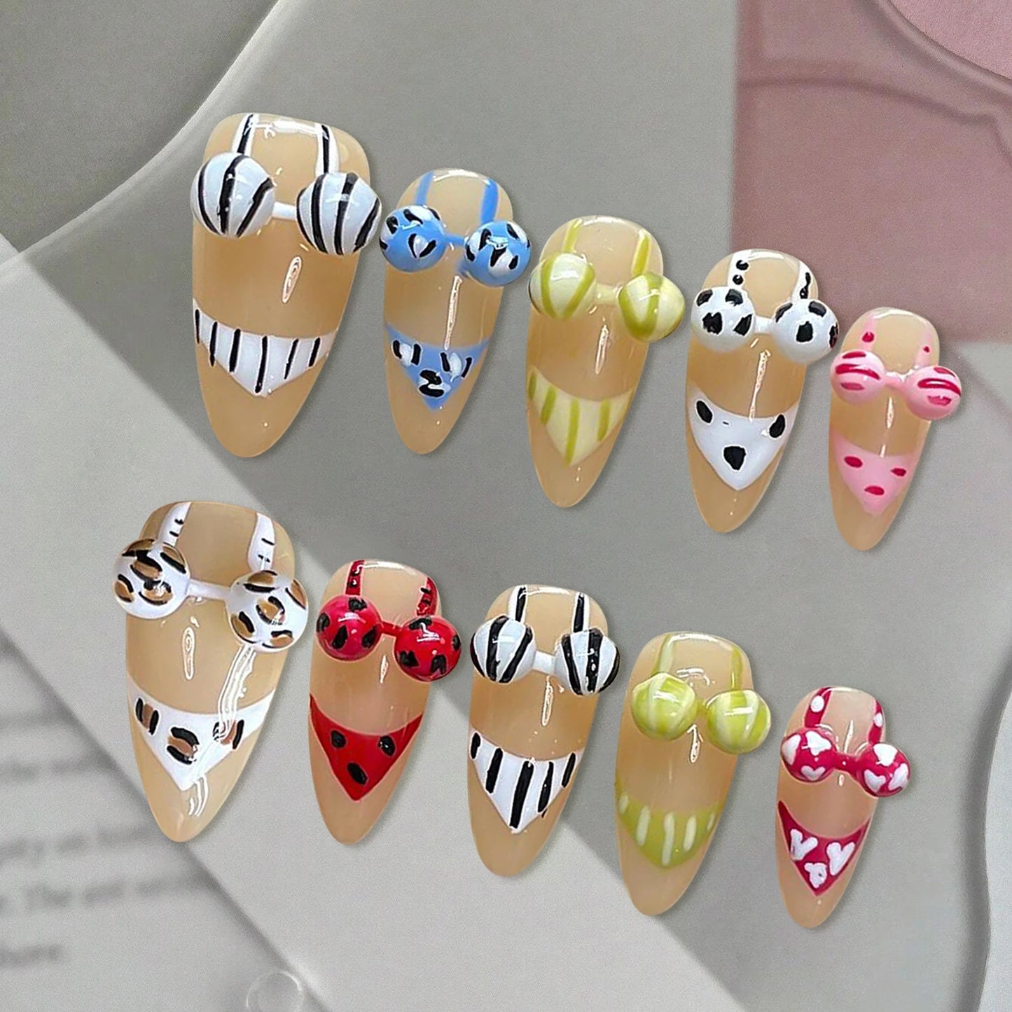 Handmade Press on Nails with 3D Bikini Design Summer Beach Style False Nails for Women Wearable Reusable Funny Almond Fake Nails Peaceful Pleasures Health and Wellness