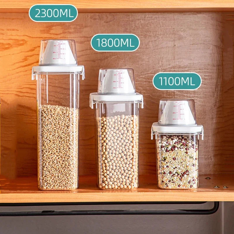 Airtight Transparent Rice & Grain Storage Bucket with Measuring Cup | Insect-Proof, Moisture-Proof, 1–2L