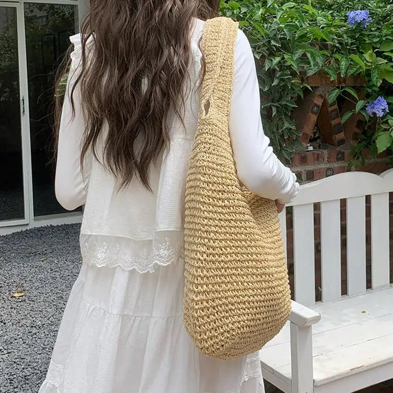 2025 New Style Woven Bag Women's Fashionable and Versatile Summer Beach Bag Large Capacity Woven Handbag Shoulder Bag Peaceful Pleasures Health and Wellness