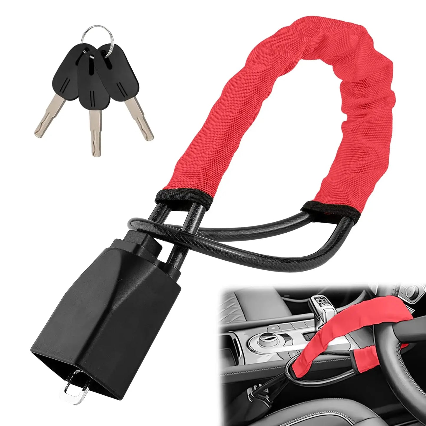 Universal Anti-theft Device Car Steering Wheel Lock Safety Belt Buckle Lock Steel Cable Lock Steel Wire Rope Lock Car Security Peaceful Pleasures Health and Wellness Red