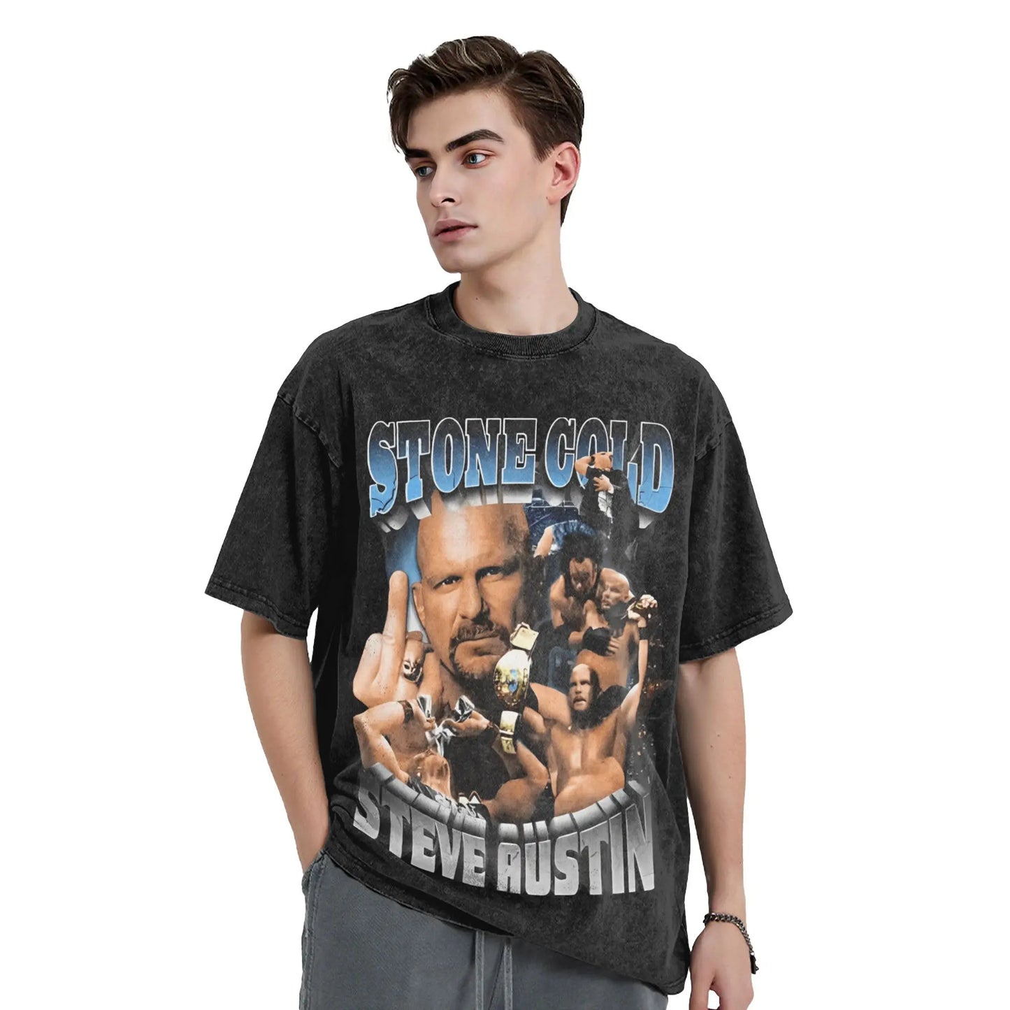 Steve Austin Men T Shirt Washed Funny Tee Shirt Short Sleeve Crewneck T-Shirt Pure Cotton Plus Size Clothes Peaceful Pleasures Health and Wellness