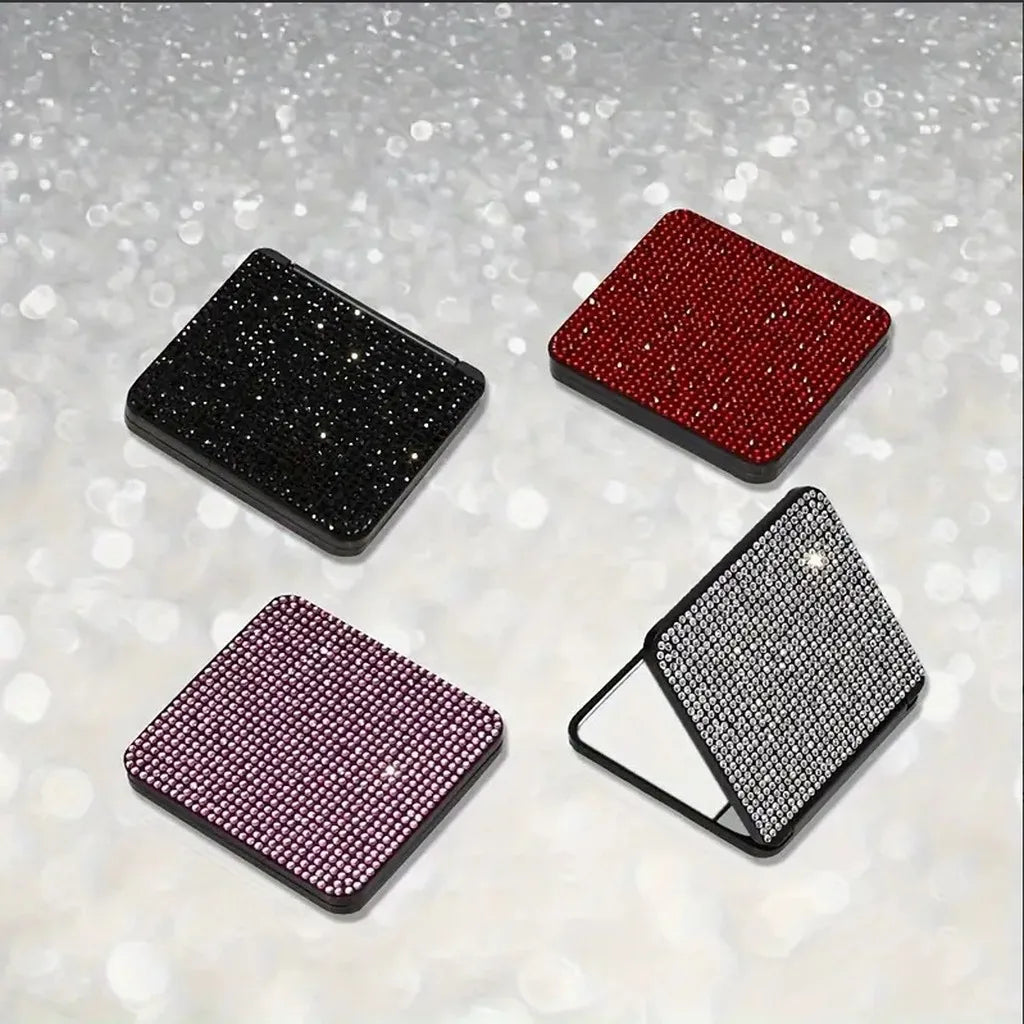 Rhinestone Compact Pocket Mirror – Double-Sided Flip Makeup Mirror