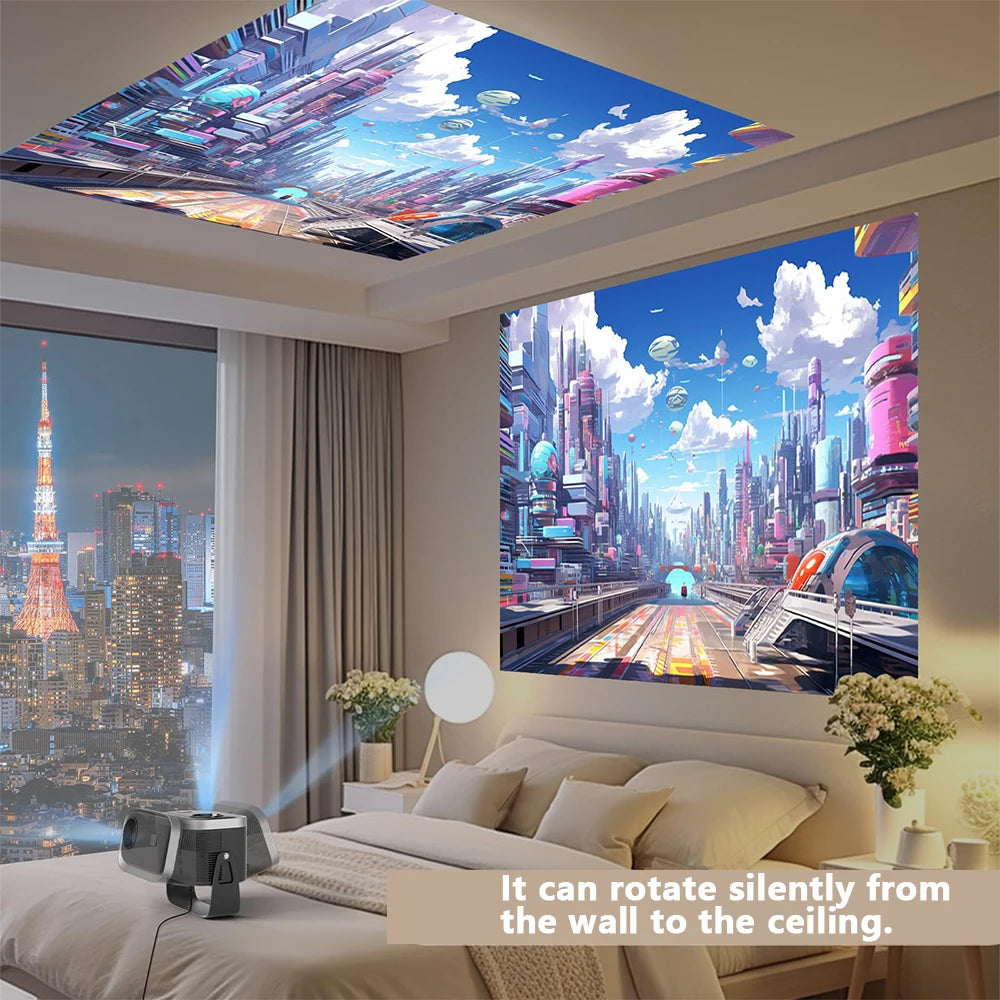 Mini 4K Projector Wall Projector, Portable Outdoor Movie Projector with Built-in Wi-Fi, Speaker & Digital Keystone, HDMI/BT, Peaceful Pleasures Health and Wellness