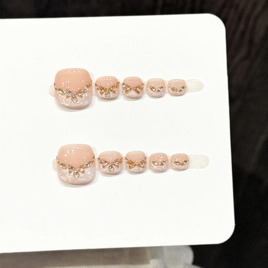 Handmade Press On Toe Nails Ice Through Glitter French Fake Nails Champagne Diamond Decor Wearable Fashion Square False Nail Art Peaceful Pleasures Health and Wellness