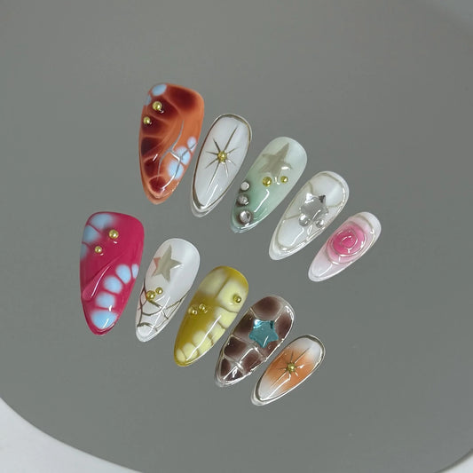 10pcs Handmade y2K Press on Nails Sweet Cool Crocodile pattern Almond Fake Nail Tips Wearable Ins Blush Spice Girls False Nails Peaceful Pleasures Health and Wellness