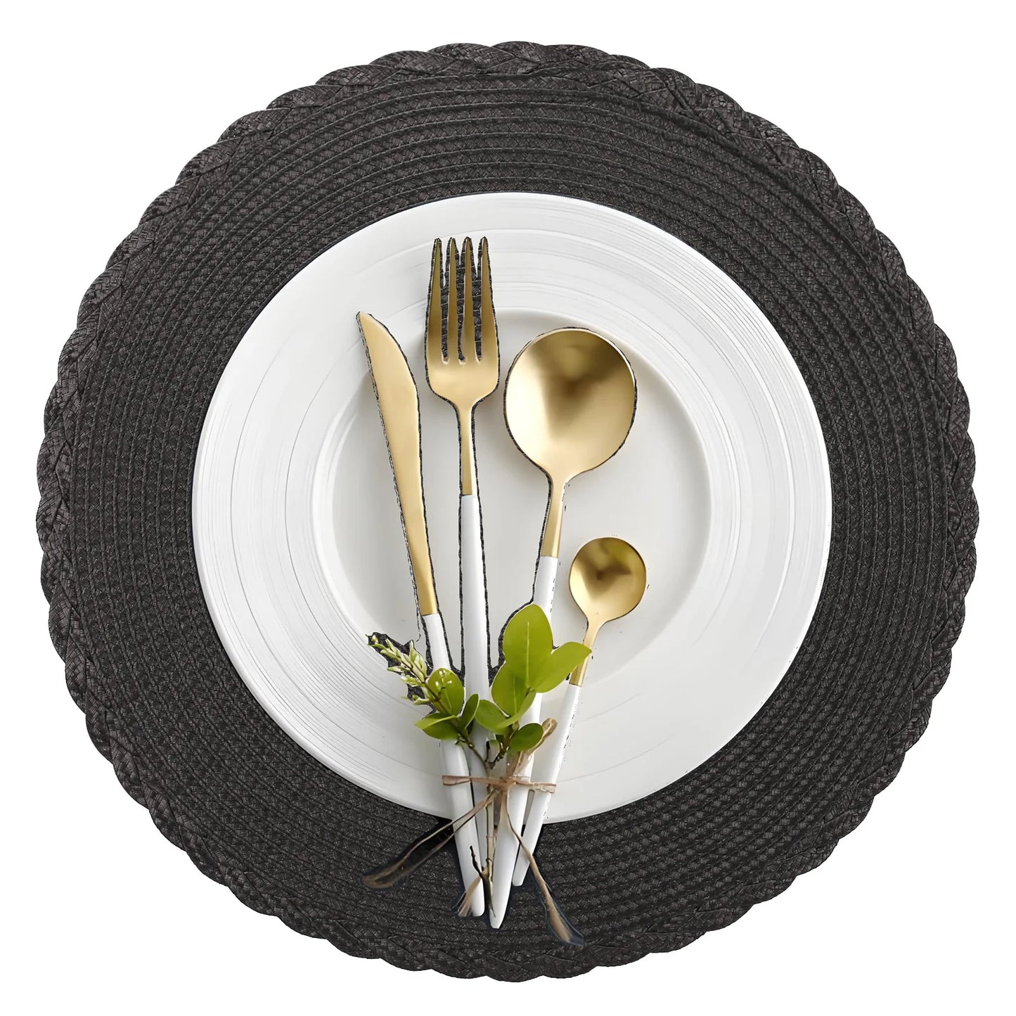 6Pc Round Braided Table Mat with 6Pc Cup Coasters Heat Resistant Washable Non Slip Placemats for Kitchen Dining Tables Pads Peaceful Pleasures Health and Wellness B Black 33.5CM and 10CM