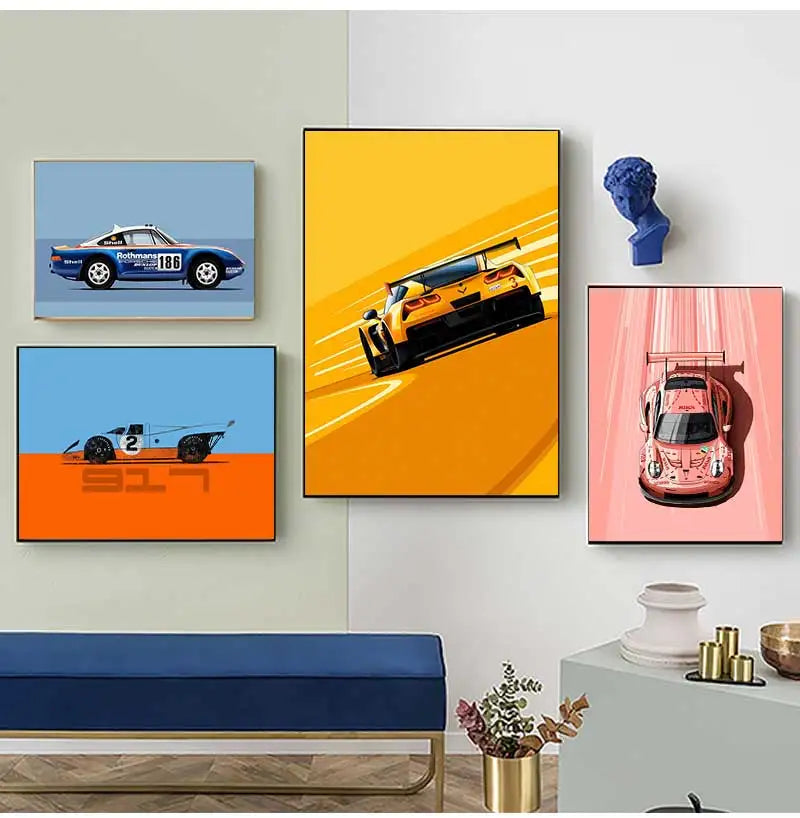 Cartoon Racing Car Canvas Wall Art | Boys Room Motorsport Decor